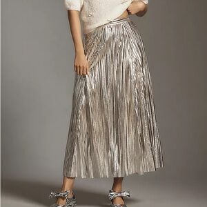 Anthropologie Maeve Metallic Pleated Midi Skirt 0 Gold Silver